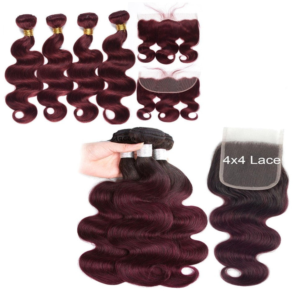 10A Grade #99J Body Wave hair bundles with 4x4 closure and 13x4 frontal, showcasing rich color and texture.