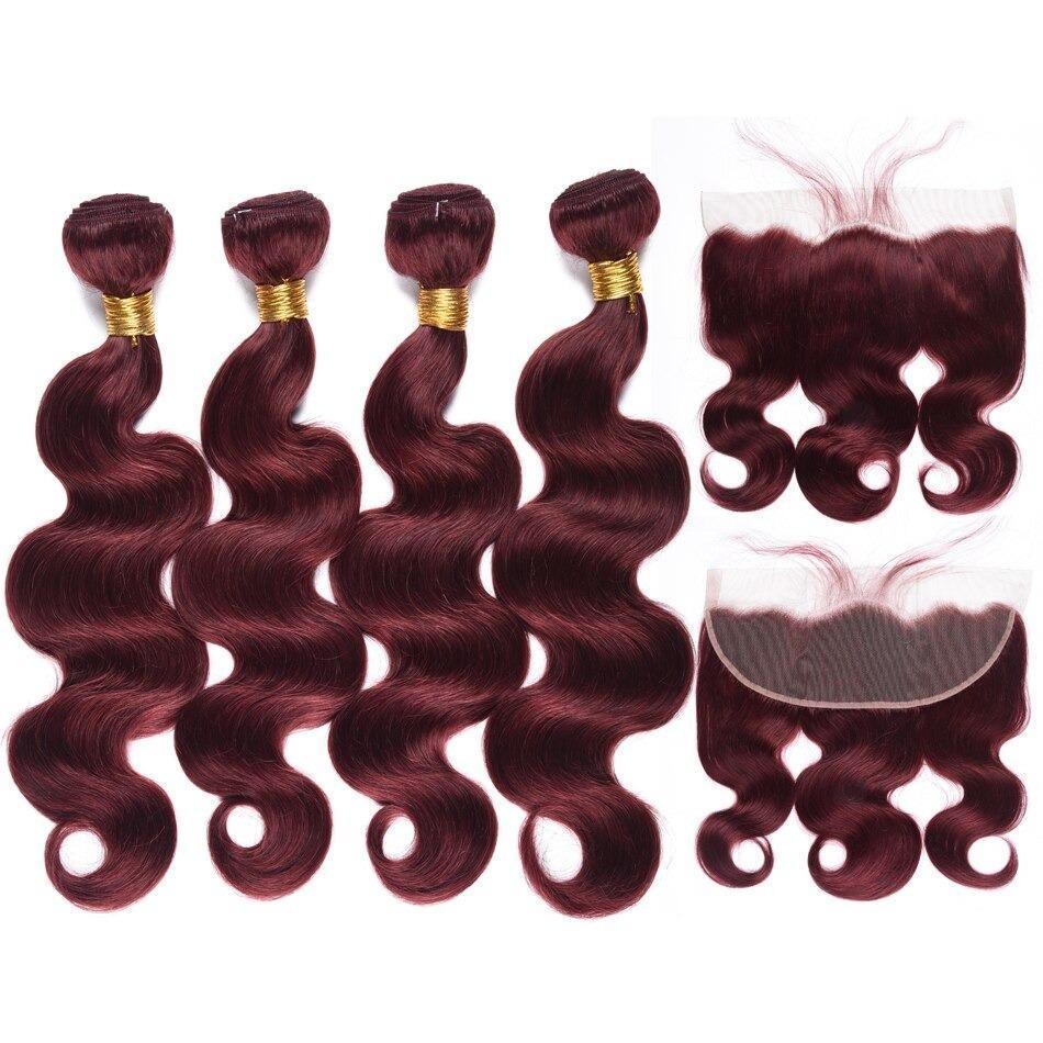 10A Grade #99J Body Wave hair bundles with 4x4 closure and 13x4 frontal, showcasing rich color and texture.