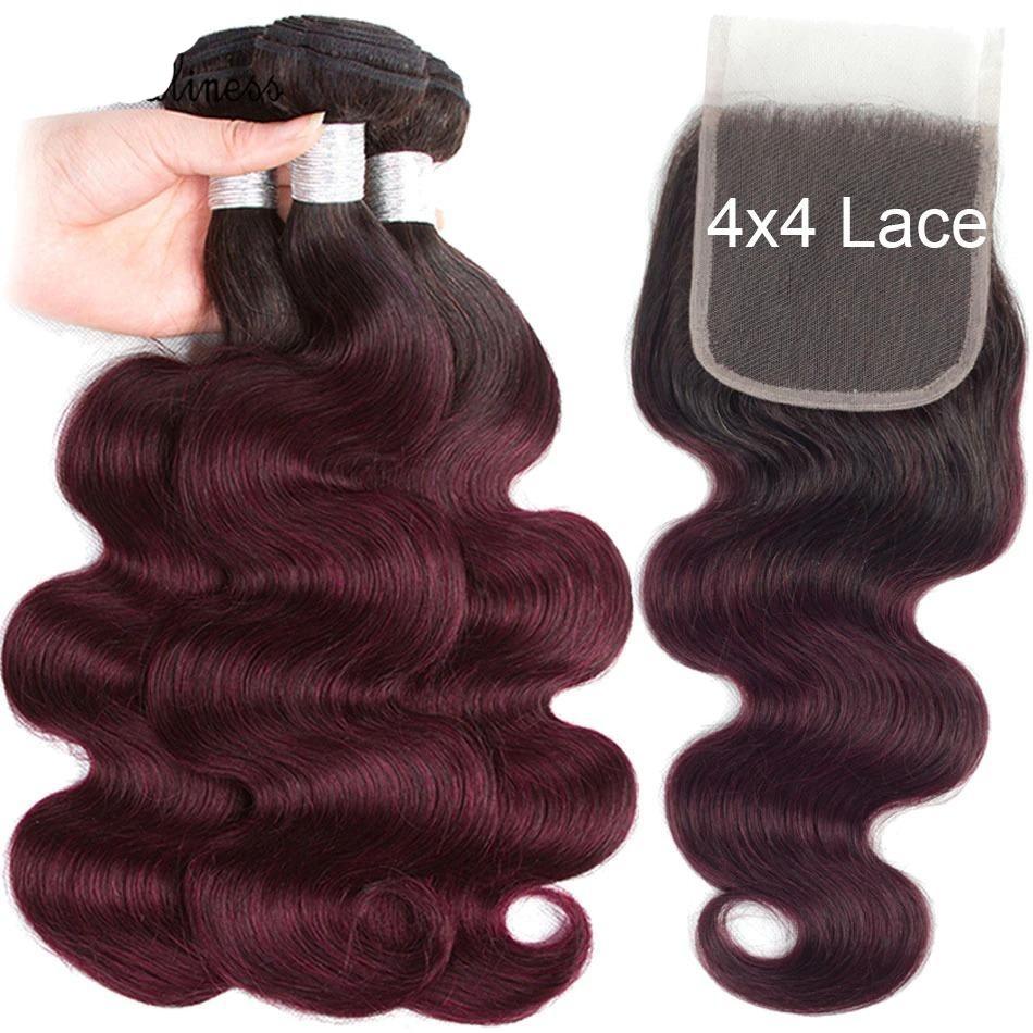 10A Grade #99J Body Wave hair bundles with 4x4 closure and 13x4 frontal, showcasing rich color and texture.