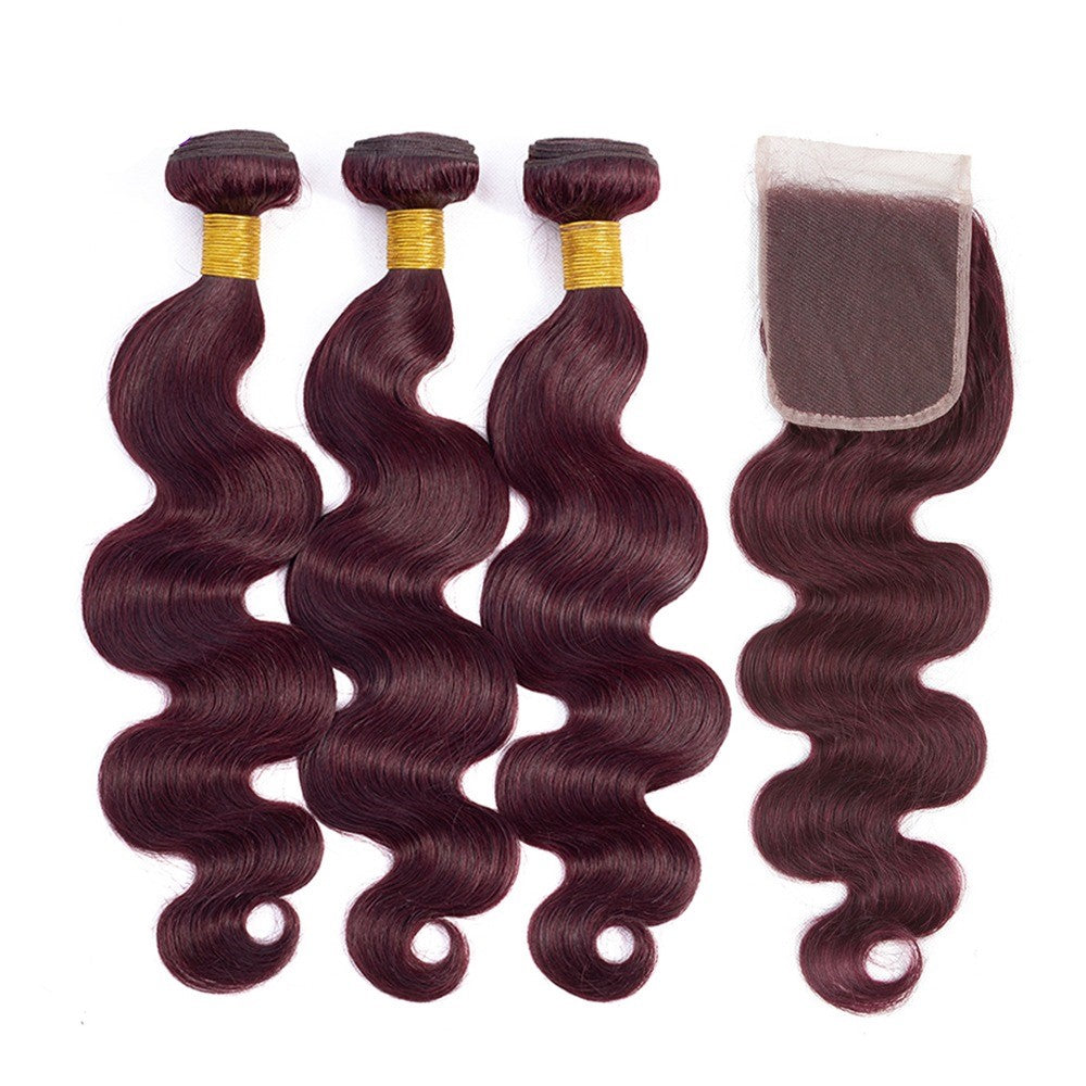 10A Grade #99J Body Wave hair bundles with 4x4 closure and 13x4 frontal, showcasing rich color and texture.