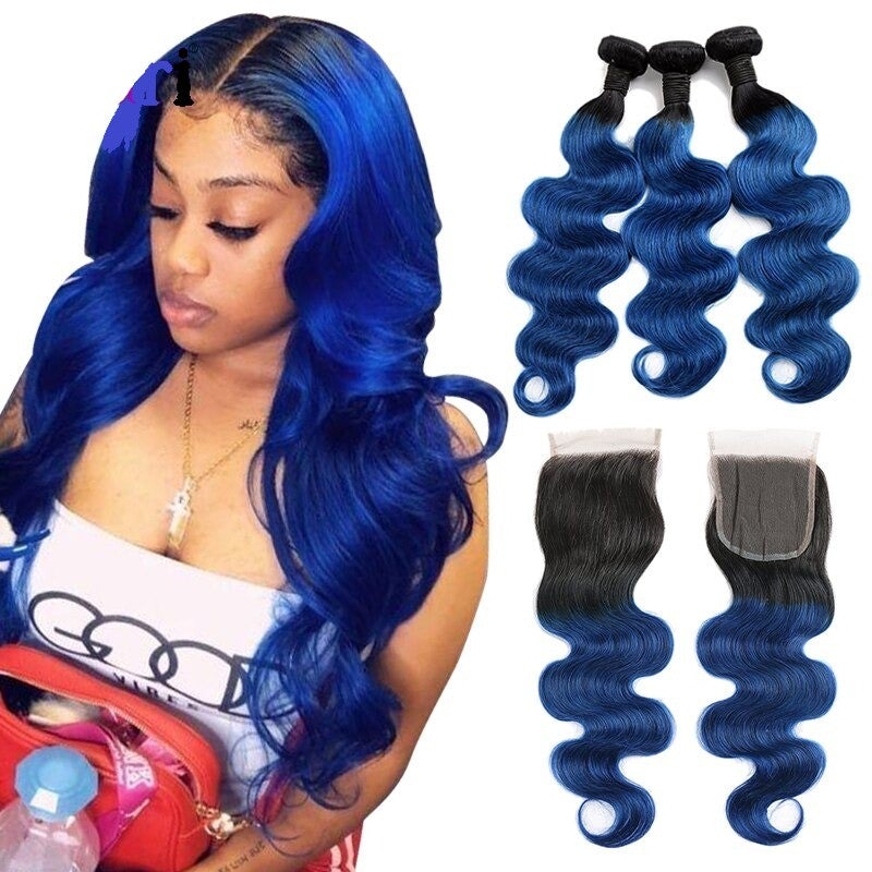 10A Grade Blue Body Wave Bundles with Closures and Frontals, showcasing vibrant blue color and luxurious texture.