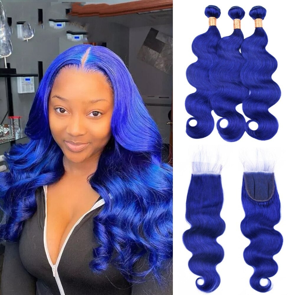 10A Grade Blue Body Wave Bundles with Closures and Frontals, showcasing vibrant blue color and luxurious texture.