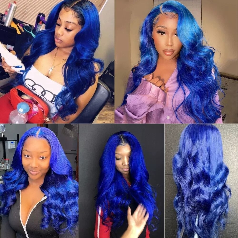 10A Grade Blue Body Wave Bundles with Closures and Frontals, showcasing vibrant blue color and luxurious texture.