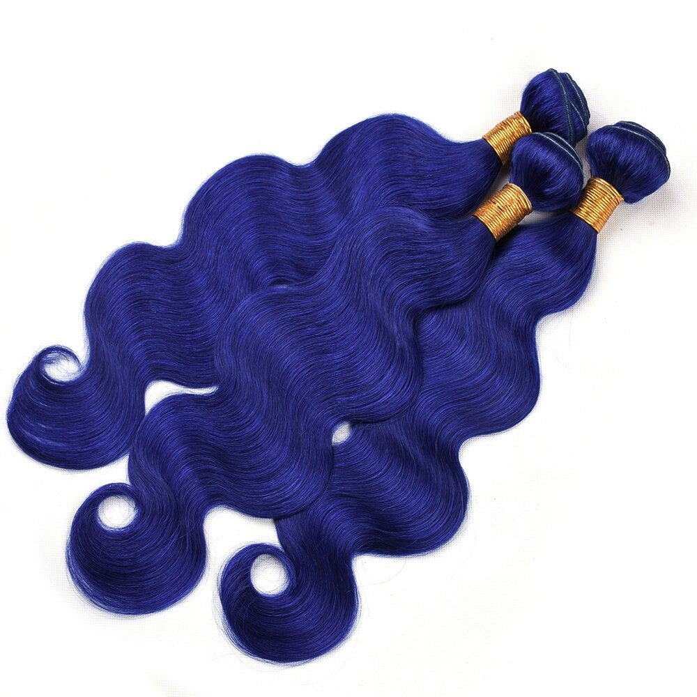 10A Grade Blue Body Wave Bundles with Closures and Frontals, showcasing vibrant blue color and luxurious texture.