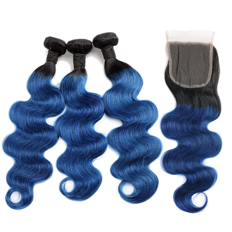 10A Grade Blue Body Wave Bundles with Closures and Frontals, showcasing vibrant blue color and luxurious texture.