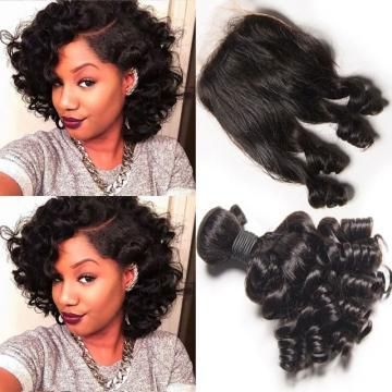 10A Grade Brazilian Funmi Hair bundles with 4x4 closure, showcasing natural color and healthy texture.