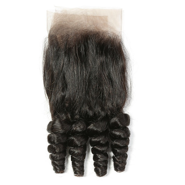 10A Grade Brazilian Funmi Hair bundles with 4x4 closure, showcasing natural color and healthy texture.