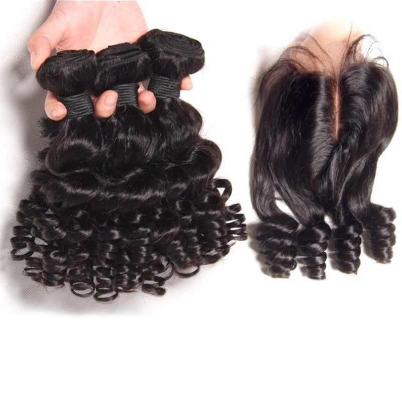 10A Grade Brazilian Funmi Hair bundles with 4x4 closure, showcasing natural color and healthy texture.