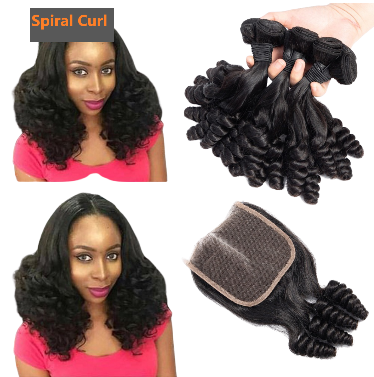 10A Grade Brazilian 3/4 Spiral Curl Human Hair bundles with a 4x4 closure, showcasing bouncy curls and natural color.