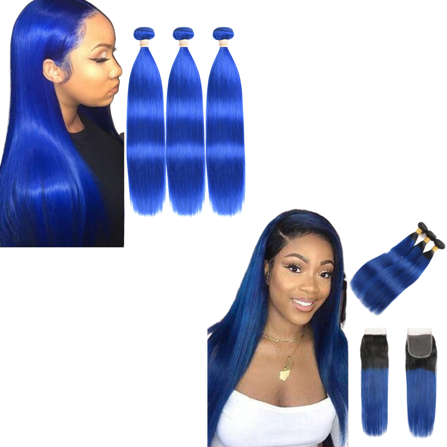 10A Grade Brazilian Blue Straight Hair Bundles with Lace Frontal and Closure, showcasing vibrant blue color and high-quality texture.