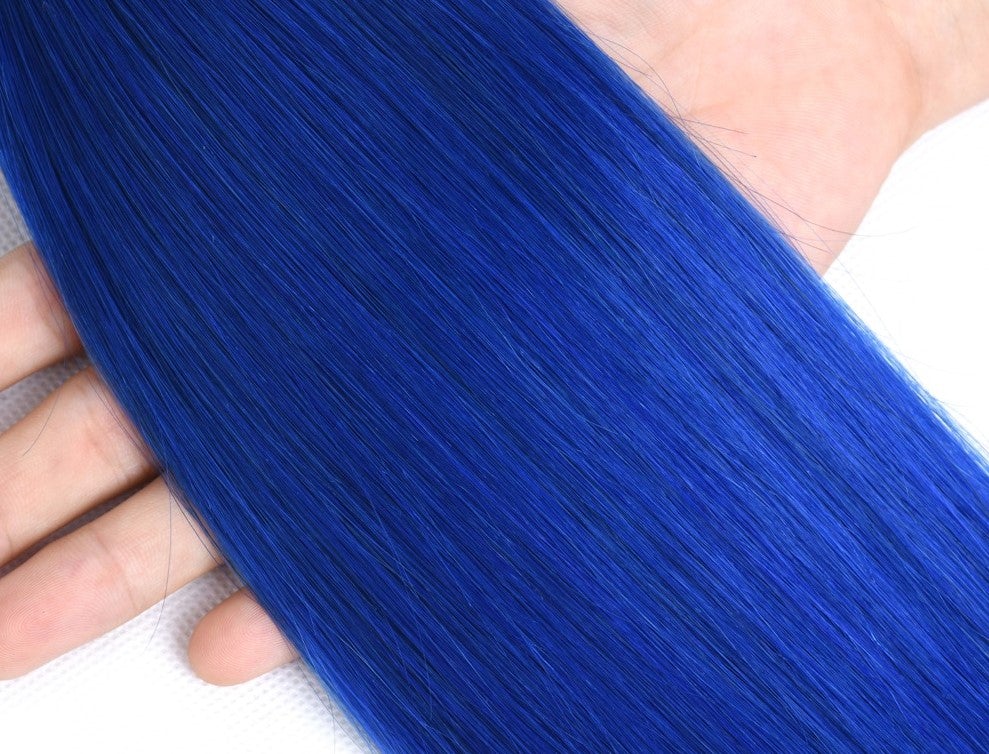 10A Grade Brazilian Blue Straight Hair Bundles with Lace Frontal and Closure, showcasing vibrant blue color and high-quality texture.