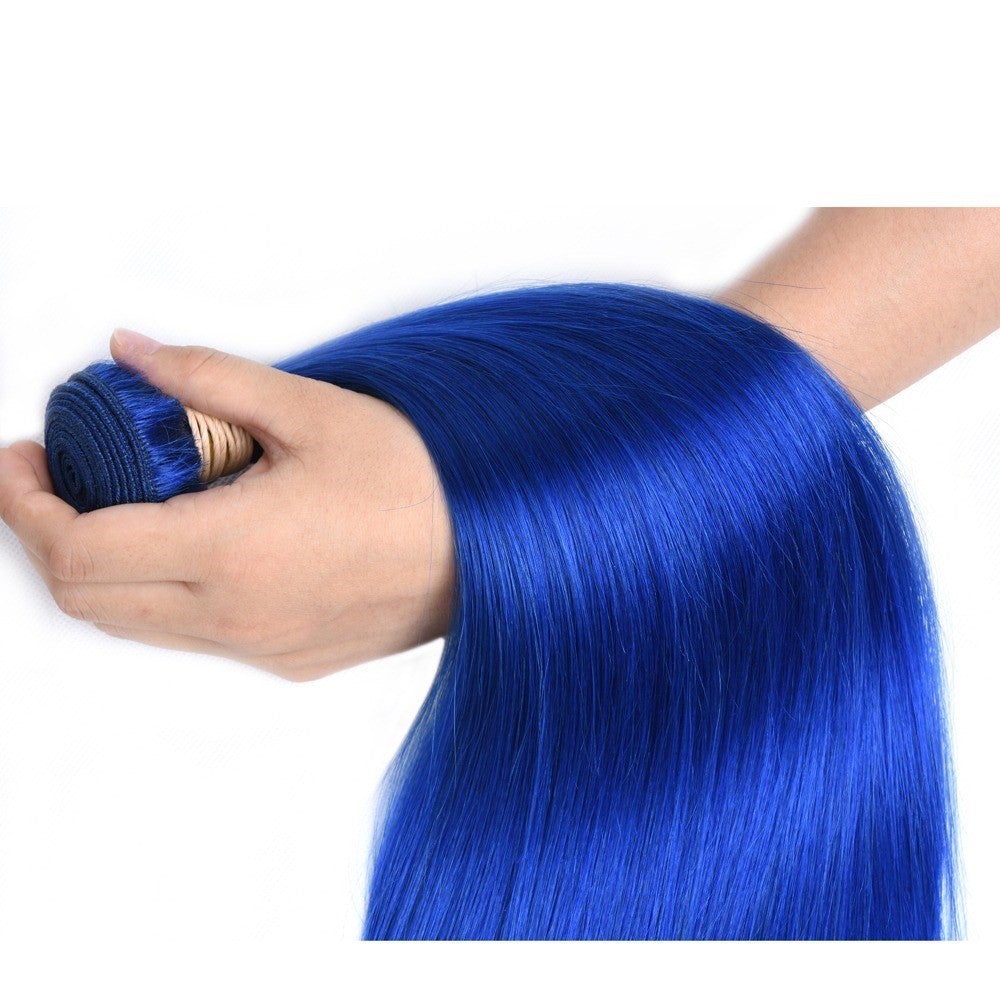 10A Grade Brazilian Blue Straight Hair Bundles with Lace Frontal and Closure, showcasing vibrant blue color and high-quality texture.