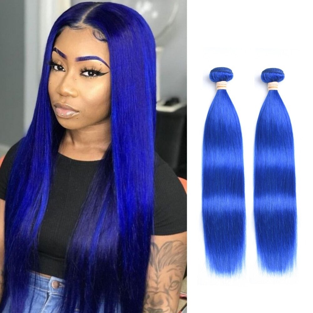 10A Grade Brazilian Blue Straight Hair Bundles with Lace Frontal and Closure, showcasing vibrant blue color and high-quality texture.