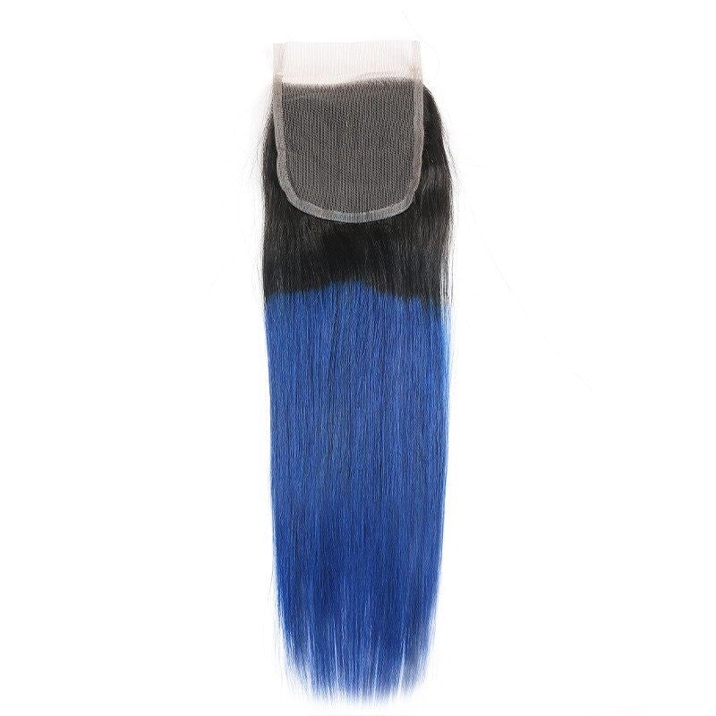 10A Grade Brazilian Blue Straight Hair Bundles with Lace Frontal and Closure, showcasing vibrant blue color and high-quality texture.