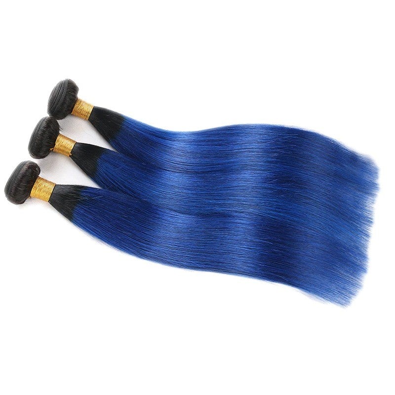 10A Grade Brazilian Blue Straight Hair Bundles with Lace Frontal and Closure, showcasing vibrant blue color and high-quality texture.