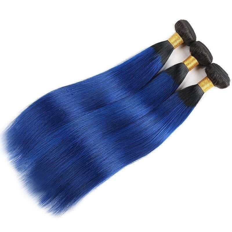 10A Grade Brazilian Blue Straight Hair Bundles with Lace Frontal and Closure, showcasing vibrant blue color and high-quality texture.