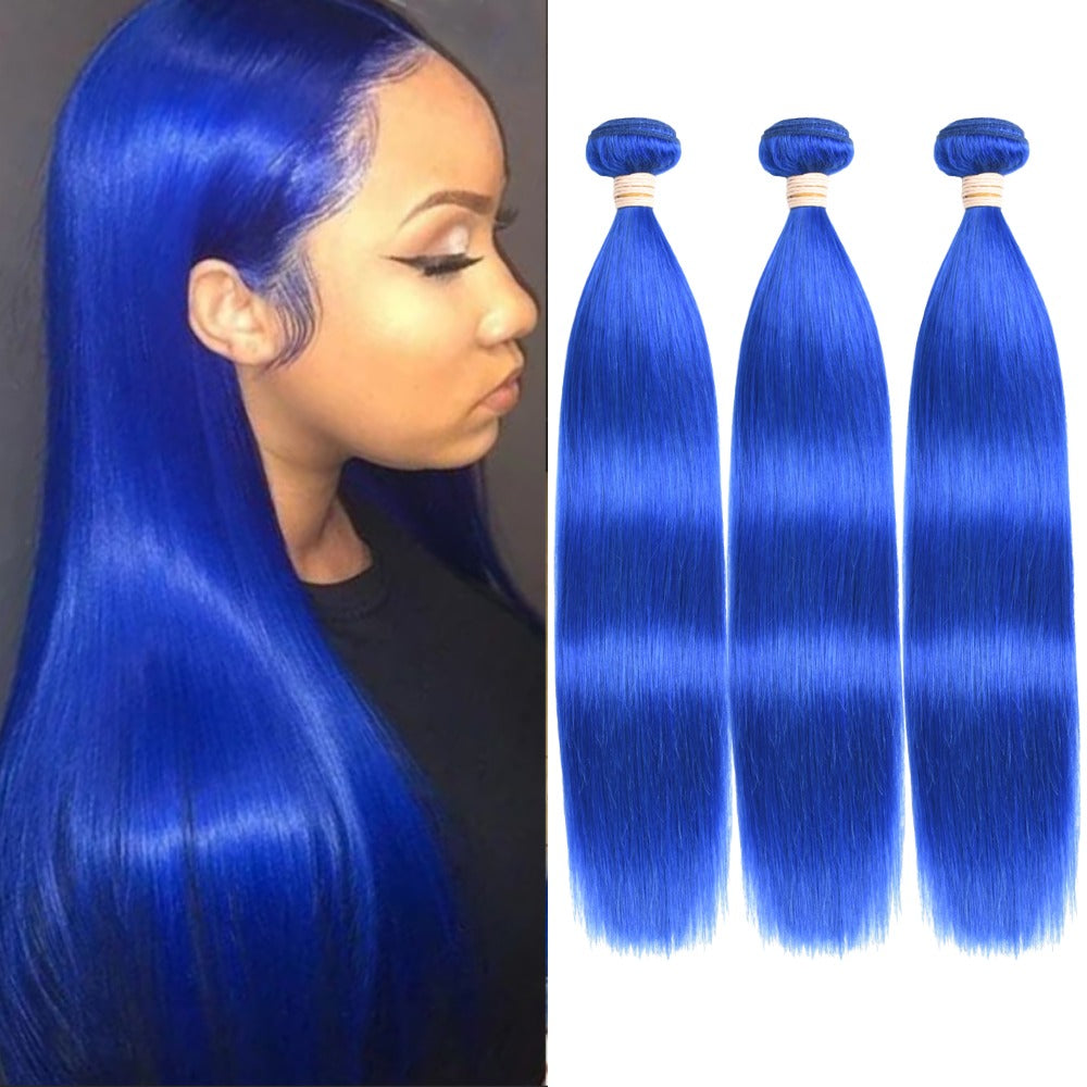 10A Grade Brazilian Blue Straight Hair Bundles with Lace Frontal and Closure, showcasing vibrant blue color and high-quality texture.