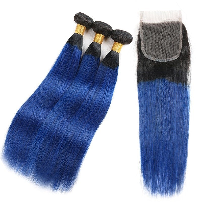 10A Grade Brazilian Blue Straight Hair Bundles with Lace Frontal and Closure, showcasing vibrant blue color and high-quality texture.