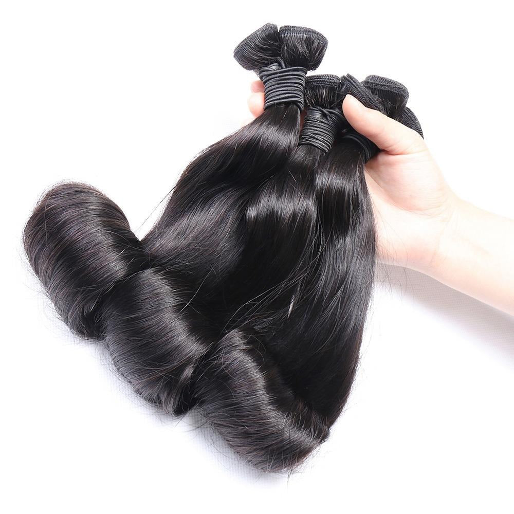 10A Grade Brazilian Egg Curl Fumi Human Hair Bundles with 4x4 closure, showcasing natural curls and high-quality texture.