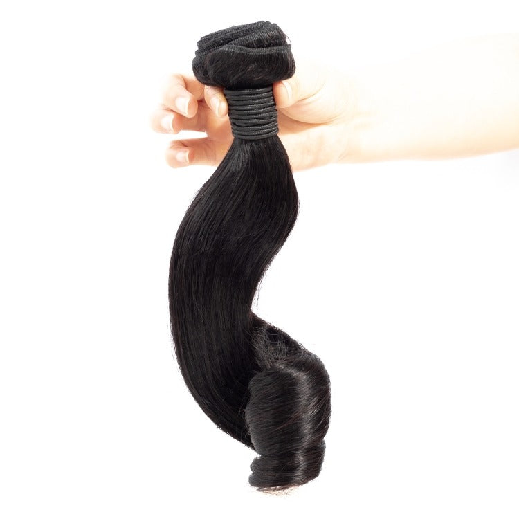 10A Grade Brazilian Egg Curl Fumi Human Hair Bundles with 4x4 closure, showcasing natural curls and high-quality texture.