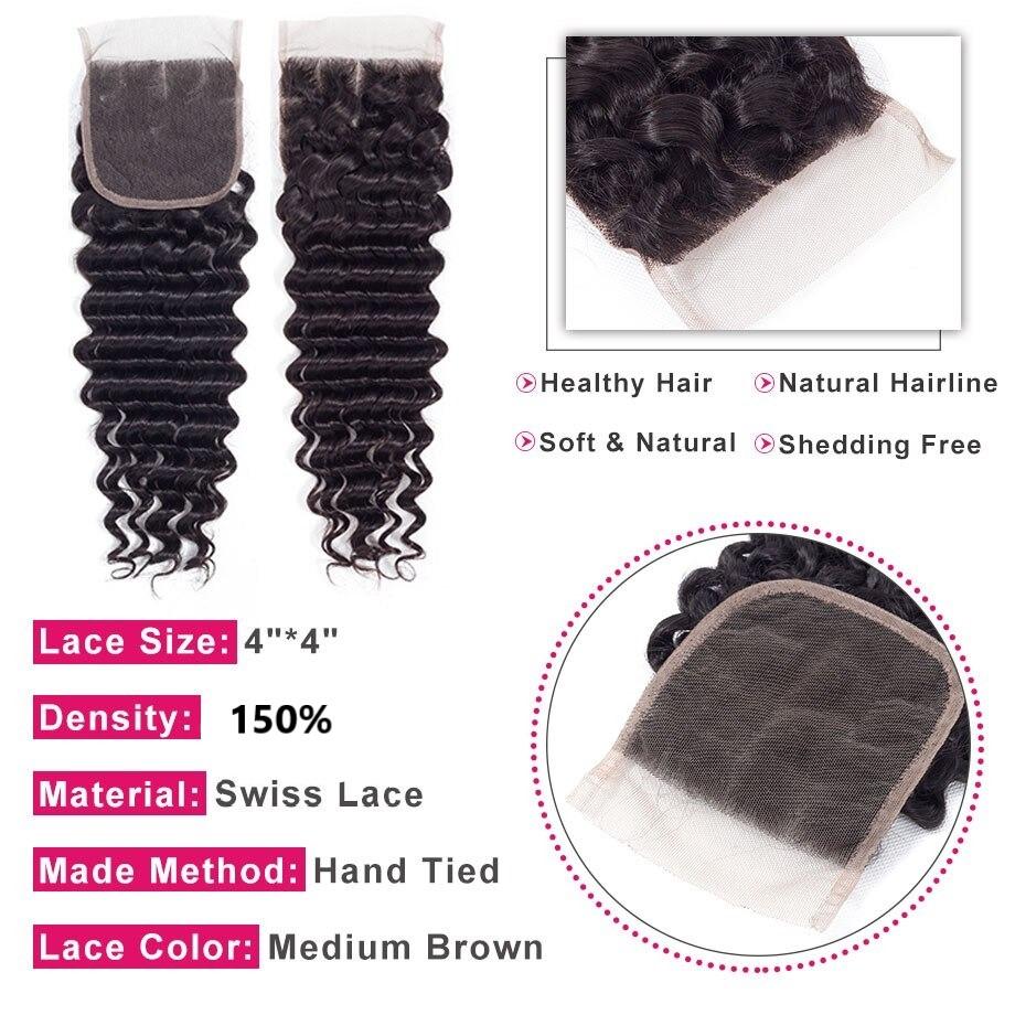 10A Grade Deep Wave Brazilian Lace Closure in natural color with medium brown lace, showcasing its luxurious texture and volume.