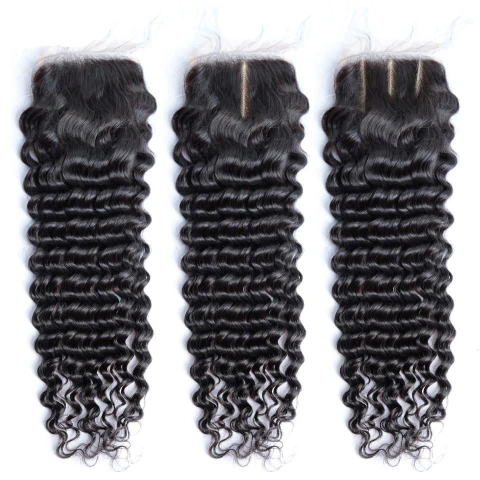 10A Grade Deep Wave Brazilian Lace Closure in natural color with medium brown lace, showcasing its luxurious texture and volume.