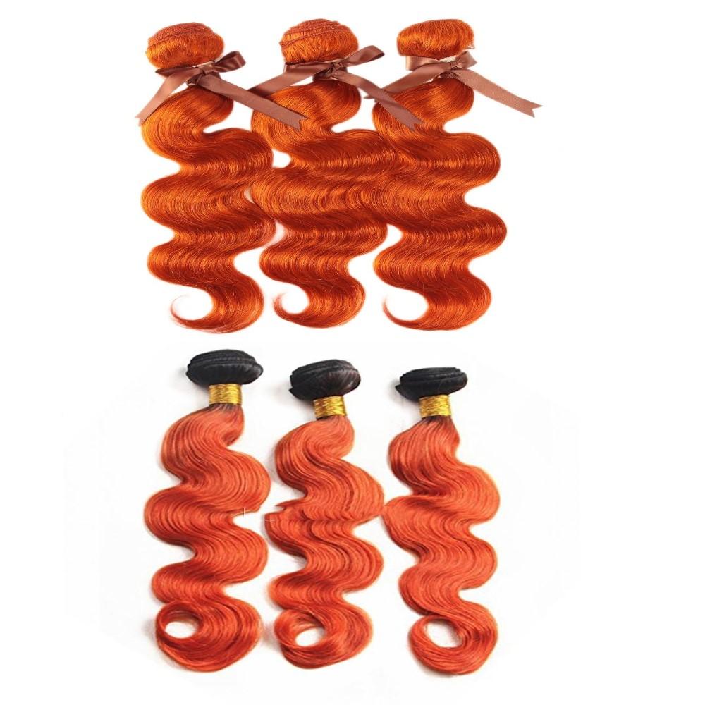 10A Grade Orange #1B/350 Body Wave hair bundles with closures and frontals, showcasing vibrant color and luxurious texture.