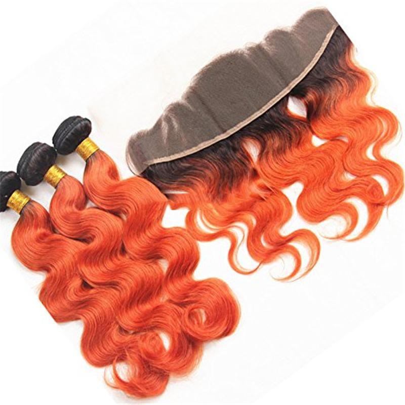 10A Grade Orange #1B/350 Body Wave hair bundles with closures and frontals, showcasing vibrant color and luxurious texture.