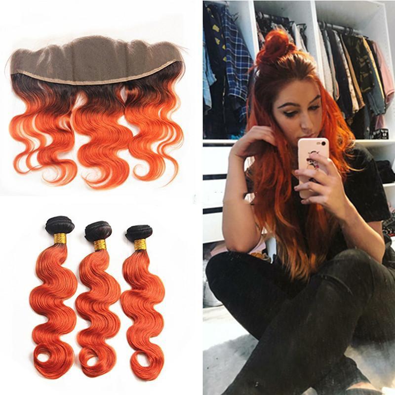 10A Grade Orange #1B/350 Body Wave hair bundles with closures and frontals, showcasing vibrant color and luxurious texture.