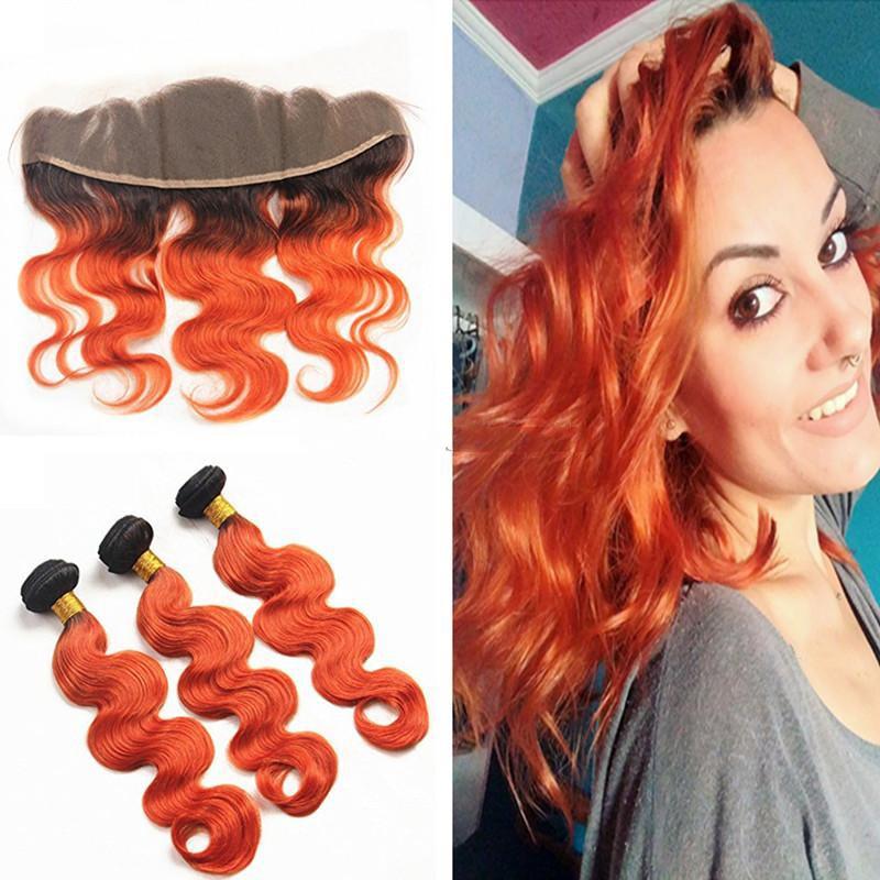 10A Grade Orange #1B/350 Body Wave hair bundles with closures and frontals, showcasing vibrant color and luxurious texture.