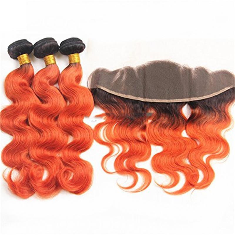 10A Grade Orange #1B/350 Body Wave hair bundles with closures and frontals, showcasing vibrant color and luxurious texture.