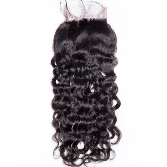 10A Grade Water Wave Brazilian Lace Closure featuring soft, bouncy waves and a medium brown Swiss lace base for a natural look.