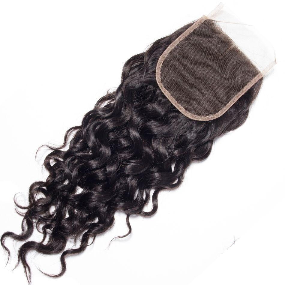 10A Grade Water Wave Brazilian Lace Closure featuring soft, bouncy waves and a medium brown Swiss lace base for a natural look.