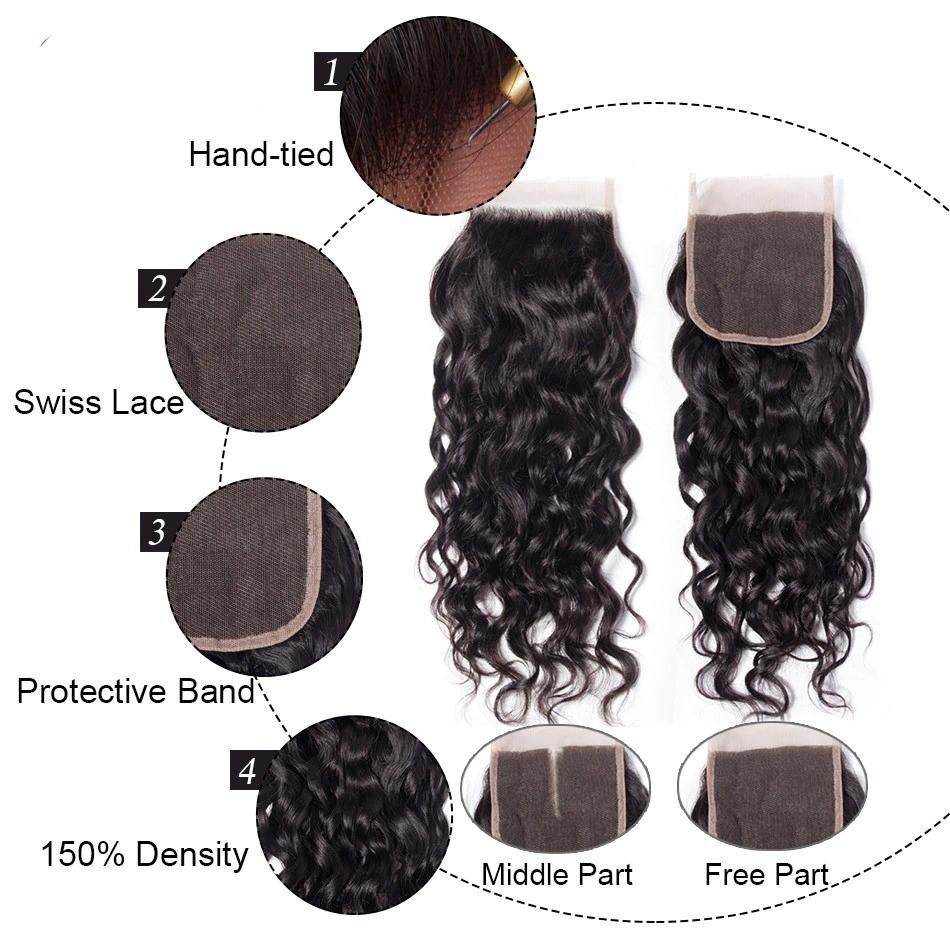 10A Grade Water Wave Brazilian Lace Closure featuring soft, bouncy waves and a medium brown Swiss lace base for a natural look.