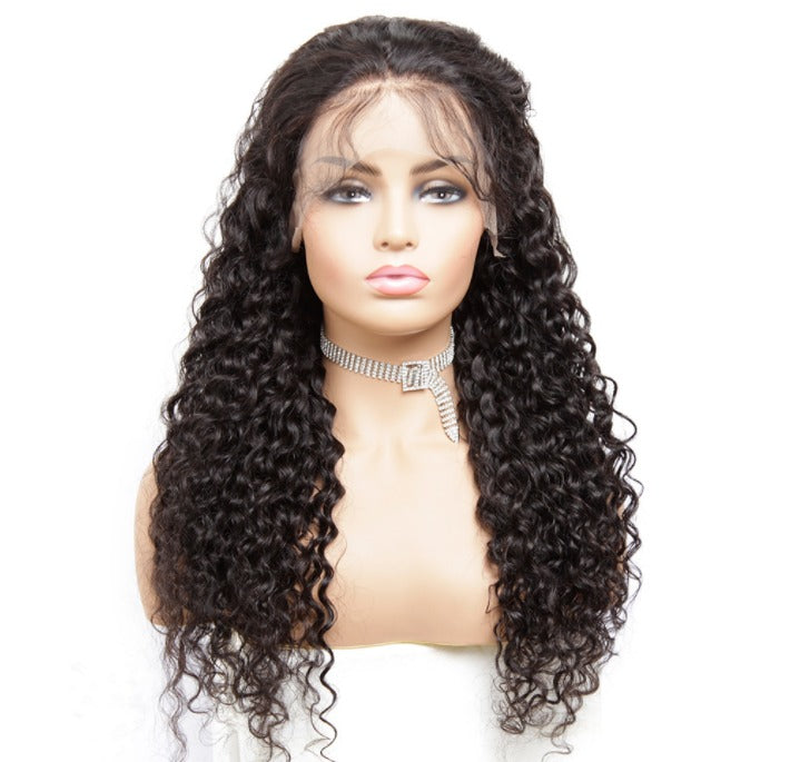 A beautiful 13x1x4 Deep Wave Lace Transparent Human Hair Wig displayed on a mannequin, showcasing its natural waves and transparent lace.