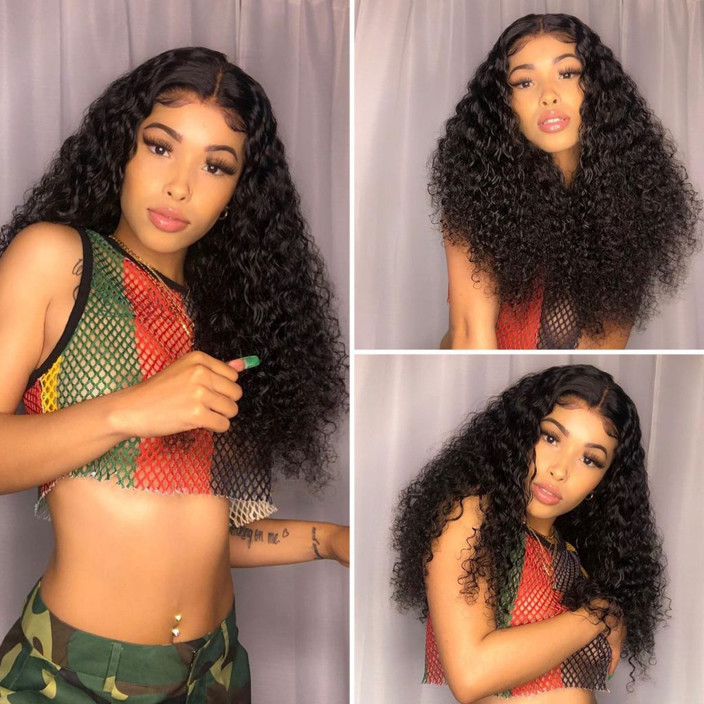 13x1x4 Jerry Curl Lace Wig in natural color, showcasing its soft curls and transparent lace for a realistic look.