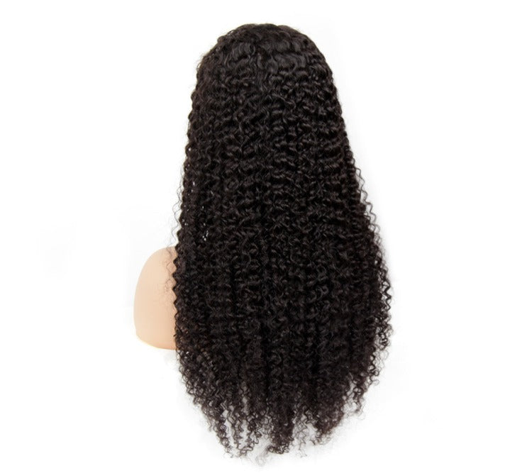 A beautiful 13x1x4 Kinky Curly T Part Lace Wig made from 100% human hair, showcasing its natural curls and transparent lace.