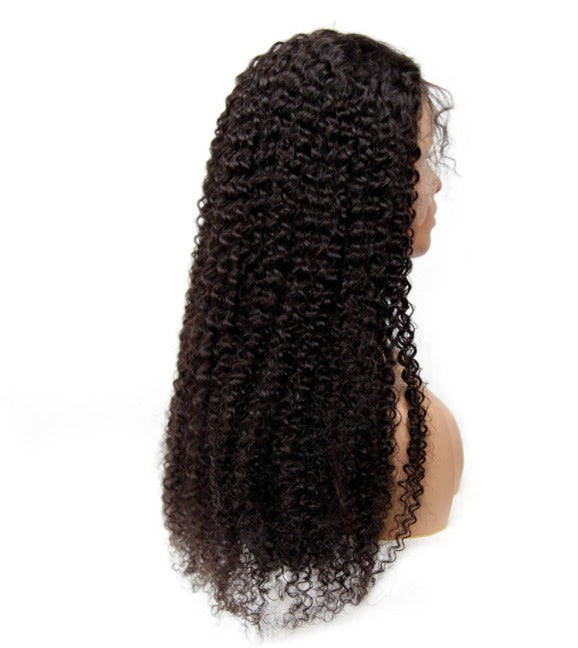 A beautiful 13x1x4 Kinky Curly T Part Lace Wig made from 100% human hair, showcasing its natural curls and transparent lace.