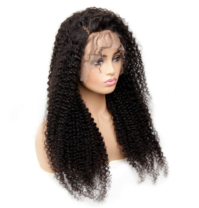 A beautiful 13x1x4 Kinky Curly T Part Lace Wig made from 100% human hair, showcasing its natural curls and transparent lace.