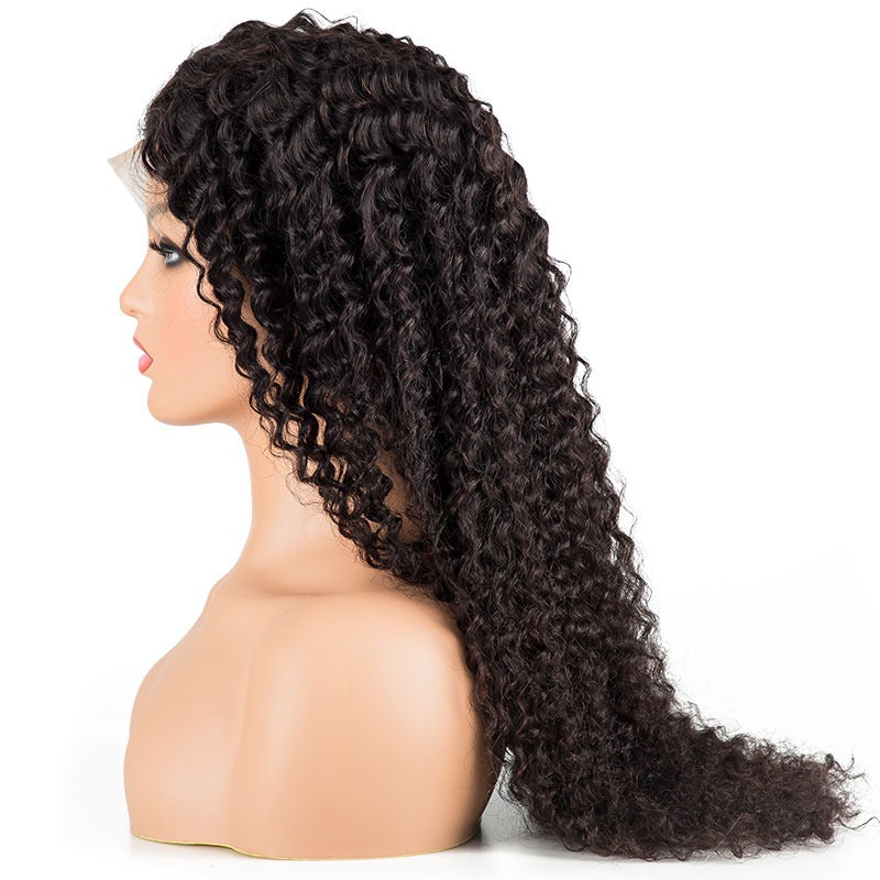 A 13x4 HD Transparent Lace Front Jerry Curl Human Hair Wig showcasing beautiful curls and a natural look, perfect for various occasions.