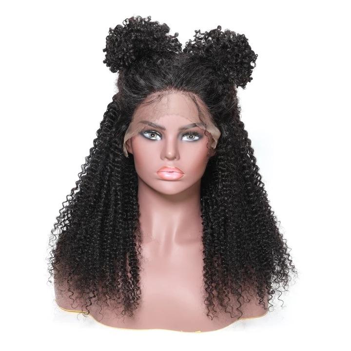 A beautiful 13x4 HD Transparent Lace Frontal Afro Kinky Curly Human Hair Wig displayed on a mannequin, showcasing its natural curls and high-quality lace.