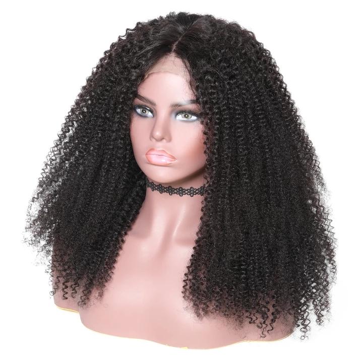 A beautiful 13x4 HD Transparent Lace Frontal Afro Kinky Curly Human Hair Wig displayed on a mannequin, showcasing its natural curls and high-quality lace.