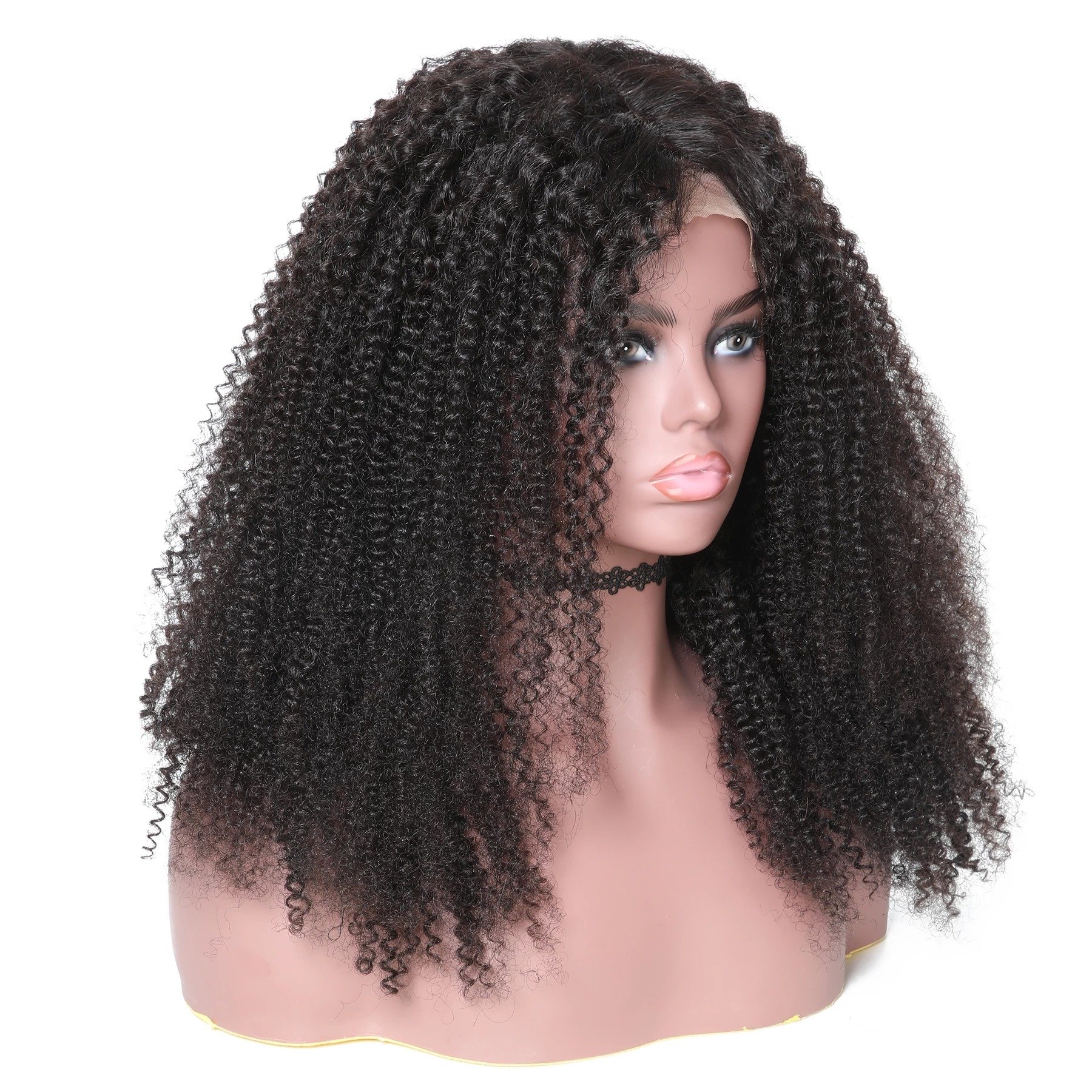 A beautiful 13x4 HD Transparent Lace Frontal Afro Kinky Curly Human Hair Wig displayed on a mannequin, showcasing its natural curls and high-quality lace.