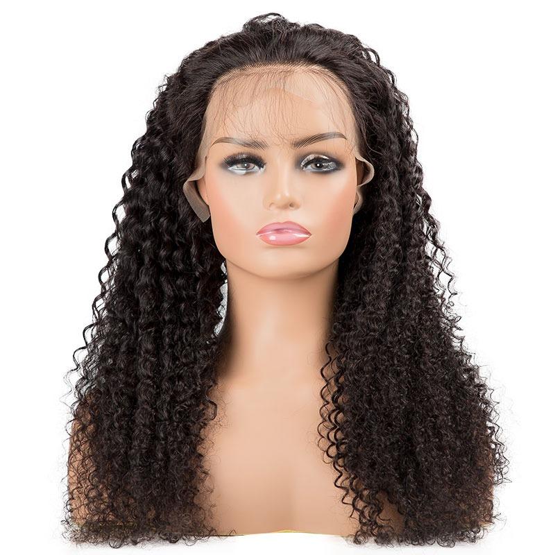 A 13x4 HD Transparent Lace Frontal Kinky Curly Human Hair Wig showcasing its natural curls and high density, designed for a secure and comfortable fit.