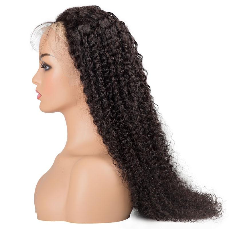 A 13x4 HD Transparent Lace Frontal Kinky Curly Human Hair Wig showcasing its natural curls and high density, designed for a secure and comfortable fit.