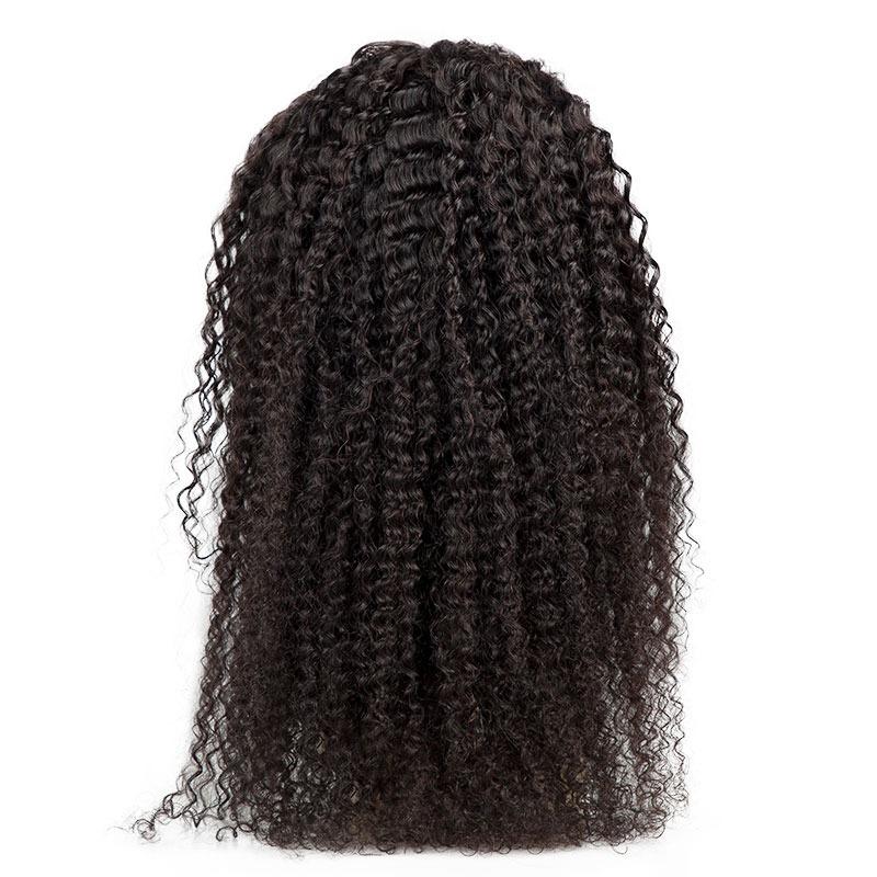 A 13x4 HD Transparent Lace Frontal Kinky Curly Human Hair Wig showcasing its natural curls and high density, designed for a secure and comfortable fit.