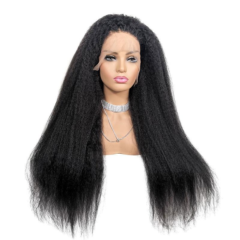 A 13x4 HD Transparent Lace Frontal Kinky Straight Human Hair Wig displayed on a mannequin, showcasing its natural texture and color.