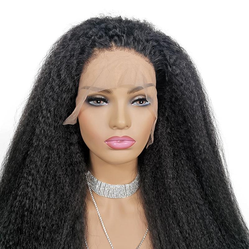 A 13x4 HD Transparent Lace Frontal Kinky Straight Human Hair Wig displayed on a mannequin, showcasing its natural texture and color.