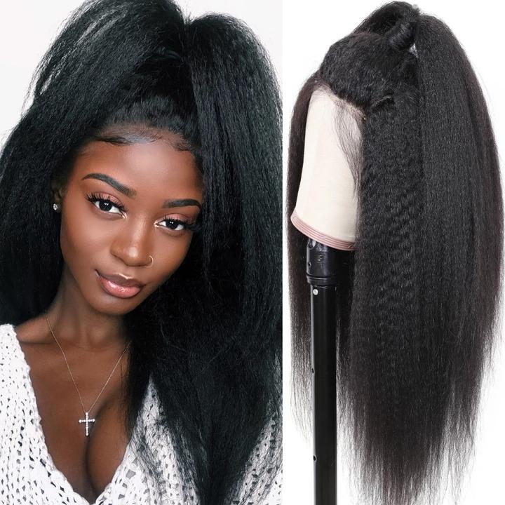 A 13x4 HD Transparent Lace Frontal Kinky Straight Human Hair Wig displayed on a mannequin, showcasing its natural texture and color.