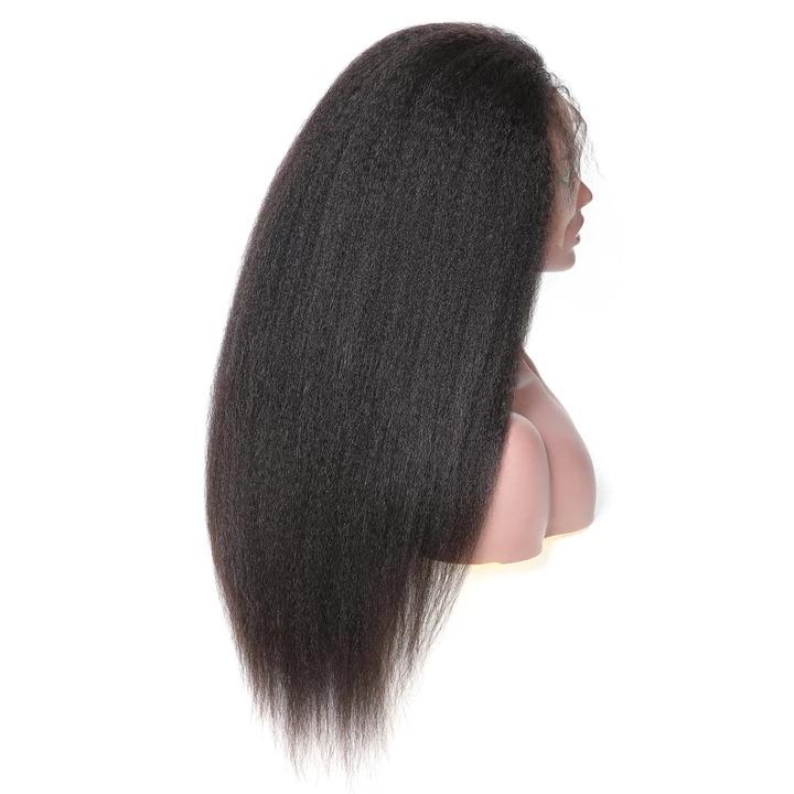 A 13x4 HD Transparent Lace Frontal Kinky Straight Human Hair Wig displayed on a mannequin, showcasing its natural texture and color.